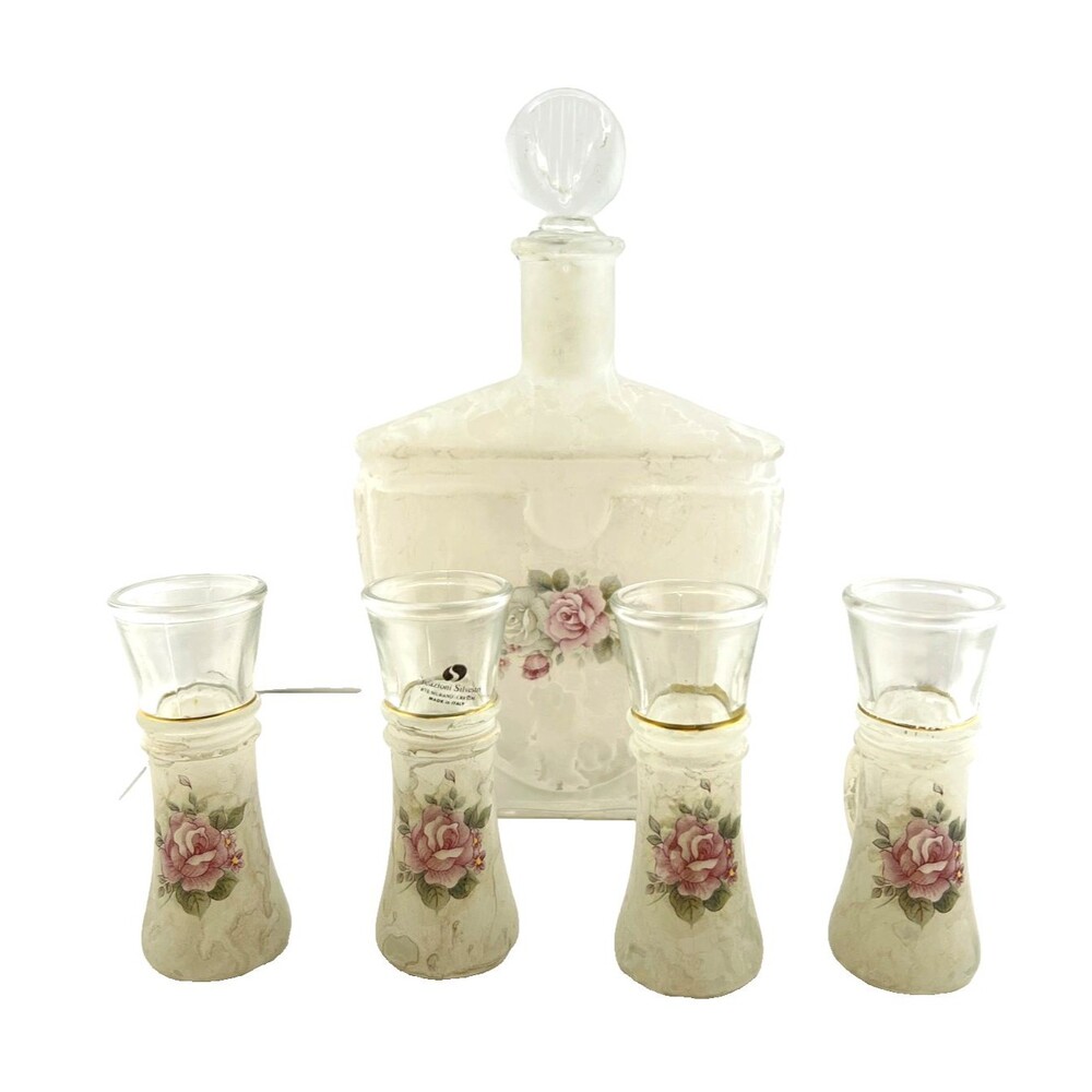 Arte MURANO Crystal Silvestri Decanter & Cordial Glasses Set White Marble Rose